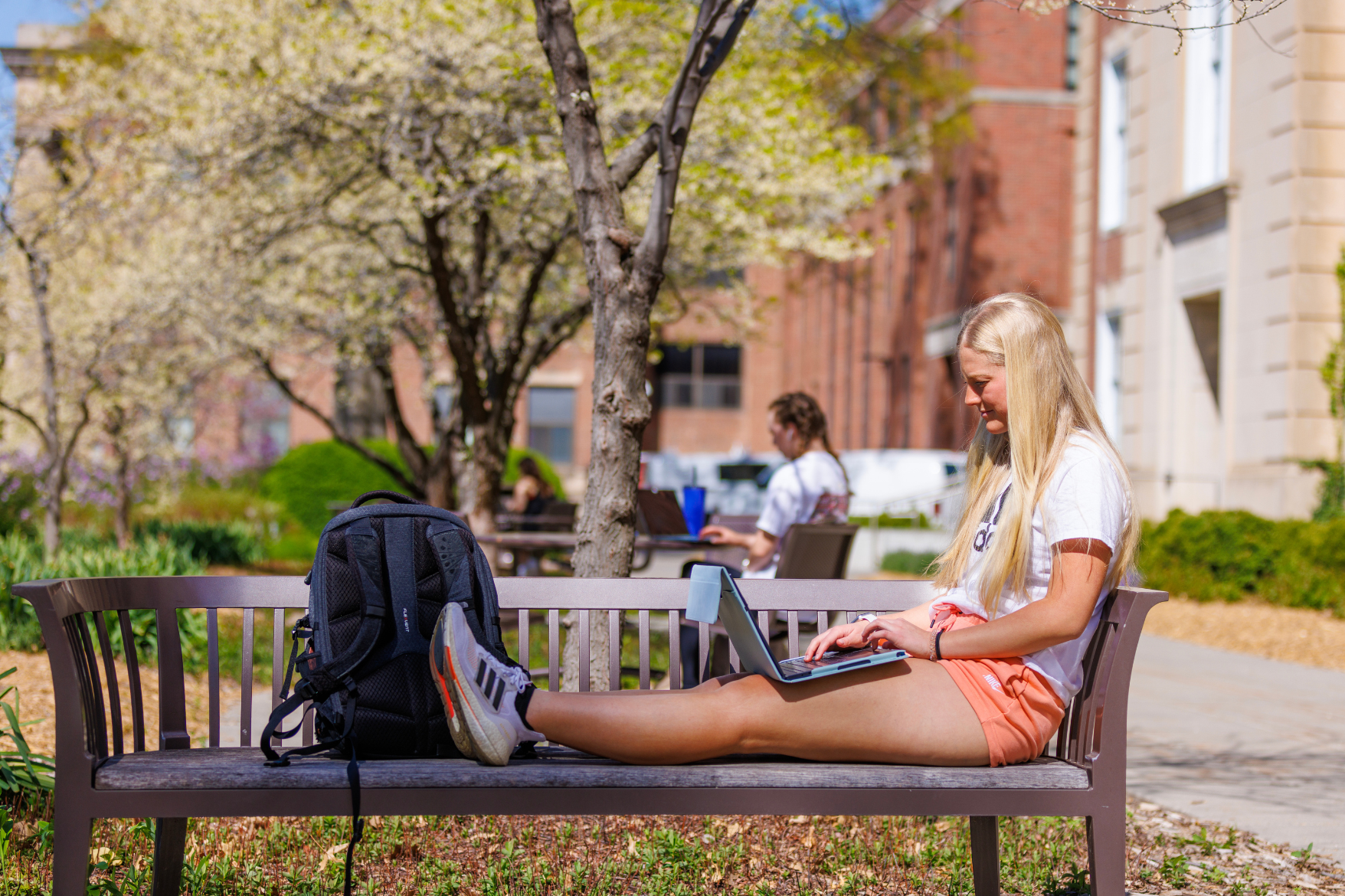 Student studying on bench outside Love Library